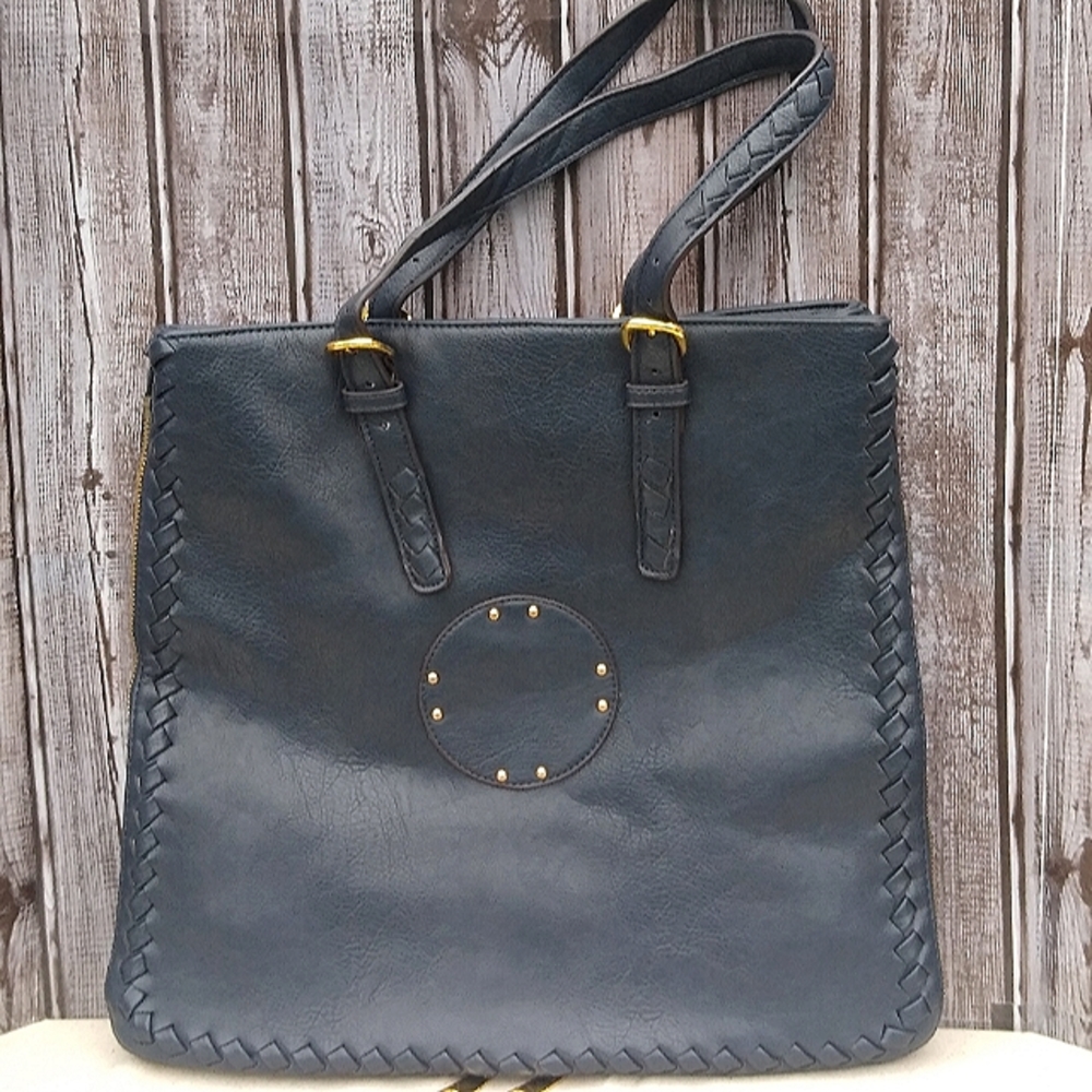 Leather Messenger Tote Bag Expandable Convertible Bag Navy Blue - Picture 16 of 16